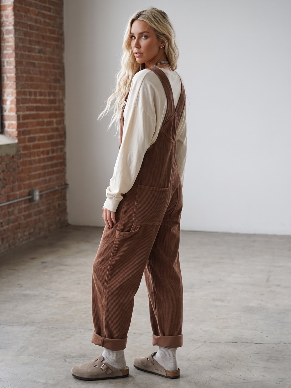 NWT Boho Carpenter Relaxed Classic Fit Corduroy Washed Brown Overalls - Picture 2 of 13